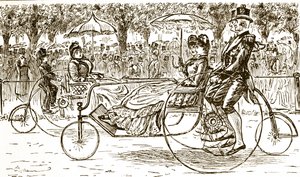 Rytina zobrazující cestující jedoucí v kočárech pro jízdní kola. Ilustroval George du Maurier (1834-1896), francouzsko-britský karikaturista a spisovatel