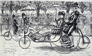 Rytina zobrazující cestující jedoucí v kočárech pro jízdní kola. Ilustroval George du Maurier (1834-1896), francouzsko-britský karikaturista a spisovatel od George du Maurier