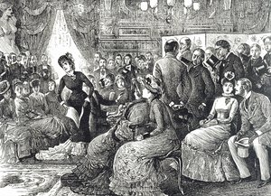 Kreslený film zobrazující typický koncert v salonu od George du Maurier