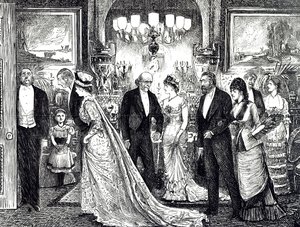 Kreslený film zobrazující elegantní večírek ve viktoriánském domě od George du Maurier