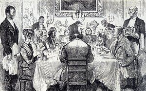 Kreslený film zobrazující elegantní večírek ve viktoriánském domě od George du Maurier
