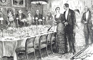 Kreslený film s názvem „Going into Dinner“ zobrazující mladý pár vcházející do jídelny od George du Maurier