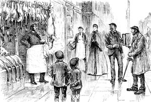 Rytina zobrazující řezníka a drůbežáře fotografovaného před jeho vánoční expozicí od George du Maurier. George du Maurier (1834-1896) francouzsko-britský karikaturista a spisovatel. Datováno 19. století ©UIG/Leemage od George du Maurier