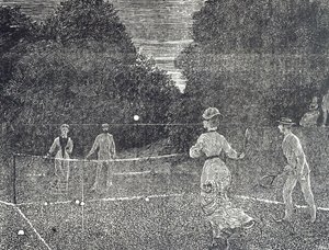 Rytina znázorňující použití bílé fosforové barvy doporučené tenistům od George du Maurier