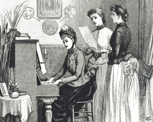 Rytina zobrazující mladé dámy zpívající v salonu od George du Maurier