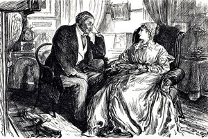 Kreslený film Georges du Maurier znázorňující rozhovor muže a ženy o uklidňujících účincích oleje z tresčích jater. Anglie 1869 od George du Maurier