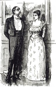 Karikatura Georges du Maurier ilustrující muže a ženu v rozhovoru na společenské akci, Anglie 1891 od George du Maurier