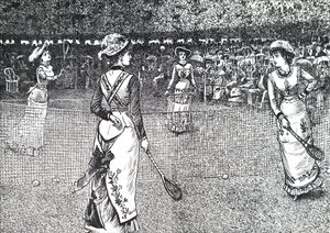 Dámy hrají tenis na trávníku. od George du Maurier