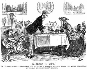 Úspěch v životě: Obrácení rolí a moderní profesionální žena. Karikatura George du Mauriera pro Punch Almanack pro rok 1867. V roce 1865 získala Elizabeth Garrett Anderson (1836-1917) licenci k praxi od Society of Apothecaries. od George du Maurier