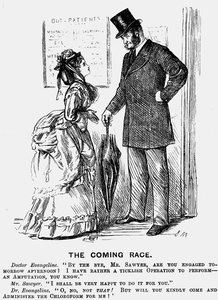 Přicházející závod. Chirurg budoucnosti. Karikatura George du Mauriera z Punch London 14. září 1872 ukazující povýšenecký přístup, který ženy v lékařské profesi mohou očekávat od mužských kolegů. Rytina. od George du Maurier
