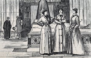 Tři ženy v celotelových kabátech v muzeu od George du Maurier