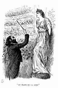 Trilby hluchý? kdo nedokázal rozeznat C od F koncertující pod Svengaliho hypnotickým vlivem. Ilustrace George Du Maurier k jeho románu Trilby, Londýn od George du Maurier