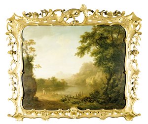 Italská zalesněná říční krajina s postavami v popředí a vesnicí za ní, 1755