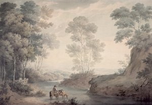 Krajina s řekou a zaléváním koní od George the Elder Barret