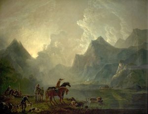 Jezero Llanberis a hrad Dolbadarn, Severní Wales, 1777