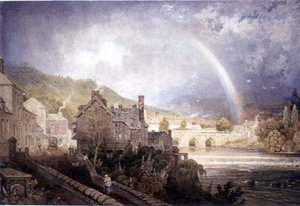 Vesnice a most Llangollen, Severní Wales, s duhovým efektem