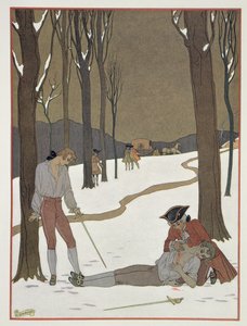Souboj mezi Valmontem a Danceny, ilustrace z „Les Liaisons Dangereuses“ od Pierra Chodlerlose de Laclose (1741-1803) vydané ve 20. letech 20. století (pochoir print)
