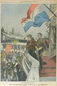 Průvod korporací v Haagu před nizozemskou královnou Wilhelminou na oslavu její svatby s meklenburským vévodou Jindřichem, únor 1901 (barevná litografie) od Georges (after) Carrey