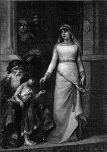 Blanche de Castille, královna Francie (1188 - 1252), přezdívaná Láska chudých“ (1879). Rytina podle obrazu Georgese Moreau de Tours (1848-1901) v „The Illustrous World““ č. 1267 z 9. července od Georges (after) Moreau de Tours