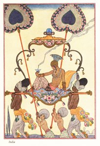 Vznešená žena pálí kadidlo v nosítkách, starověká Indie 1928 (tisk) od Georges Barbier