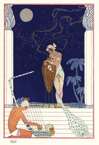 Královna stojí a voní spálenou vůní, starověký Egypt1928 (tisk) od Georges Barbier