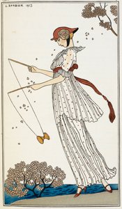 Žena na sobě bílé plátěné šaty s potiskem a hraje si s hračkou od Georges Barbier