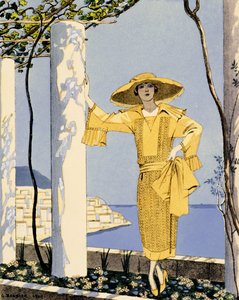 Amalfi, ilustrace ženy ve žlutých šatech od Wortha od Georges Barbier
