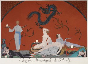 Chez la Marchande de Pasots. Lidé, někteří nazí, leželi v místnosti. Čínská dekorace. od Georges Barbier