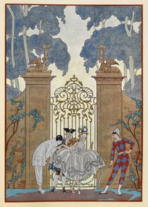Colombine. Lidé stojící před bránou. Pierrot. od Georges Barbier