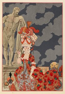 Průvod. Atraktivní žena v červených šatech a vypracovat co. Malá opice a chlapec. od Georges Barbier