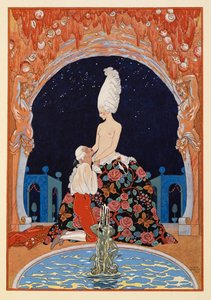 Dans la Grotte. Muž klečící před polonahou ženou u fontány. od Georges Barbier