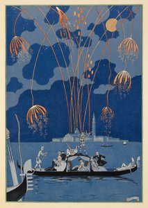 Na lodi. Ohňostroj v Benátkách. Lidé v gondole. od Georges Barbier