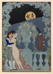 Fantoches. (Marionety) z Debussyho Fêtes Galantes, Scaramouche a Pulcinelle. Muž objímal nahou ženu. Dvě figurky v siluetě proti měsíci. od Georges Barbier