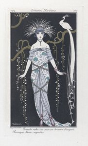 Velké večerní šaty ze stříbrného brokátu. Modrá paruka, hřebeny, z Costumes Parisiens, pub. 1914 (tisk šablony) od Georges Barbier