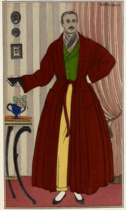 Muž v županu. Ilustrace George Barbiera (1882-1932), převzato z Journal des dames et des modes. Paříž 1912-1914. The British Library Institution, Referenční Shelfmark ID: P.P.5242.dc, pl.96, na straně 16. Muž v šatně od Georges Barbier