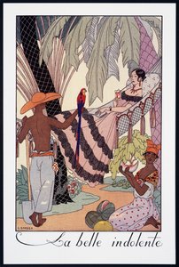 La Belle Indolente, litografie George Barbiera (1882-1932), z Falbalas et Fanfreluches, Almanach des Modes Presentes, Passees et Futures, Francie, 20. století od Georges Barbier