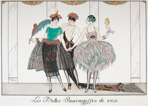 Les Belles Sauvagettes de 1920. Tři ženy v řadě v exotických šatech. od Georges Barbier