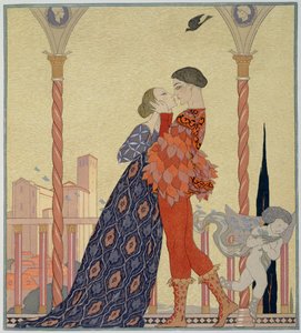 Milenci na balkóně (akvarel na papíře) od Georges Barbier
