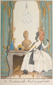 Mademoiselle Sorel ve velkém zvyku. Žena stojící před krbem. od Georges Barbier