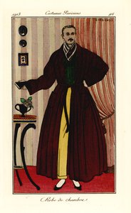 Muž v županu přes žluté kalhoty a zelenou vestu. Župan. Ručně kolorovaný pochoir (šablona) lept podle ilustrace George Barbiera z Tommasa Antonginiho Journal des Dames et des Modes, Aux Bureaux du Journal des Dames, Paříž od Georges Barbier
