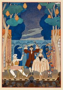 Pantomima. Pierrot a Harlekýn. Muž a hezká žena. Vše na jevišti. od Georges Barbier