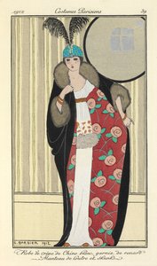 "Bílé krepdešínové šaty zdobené liškou. Kabát z vydry a skunky," od Georges Barbier
