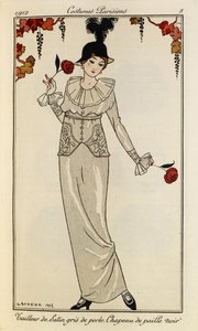Tailleur de Satin gris de perle. Chapeau de paille noir“. Kostýmy Parisiens č.8. Žena na sobě perleťově šedé saténové šaty a černý slaměný klobouk s pérem. V každé ruce drží růži. od Georges Barbier