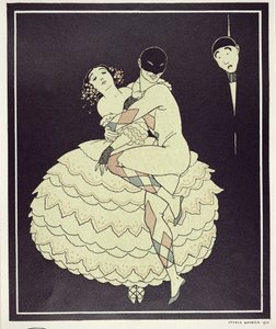 Tamara Karsavina (1885-1978) jako Kolumbína a Vaslav Nižinskij (1890-1950) jako Harlekýn ve Fokinově "Karnevalu" v roce 1910, vyd. 1914 (pochoárový tisk) od Georges Barbier