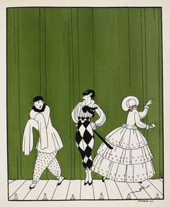 Tři postavy z baletu z roku 1910, Carnaval, složil Robert Schumann. Vlevo je mim. Uprostřed je muž oblečený v bílé košili s černou kravatou a kostkovanými kalhotami s maskou. Vpravo je dáma, čelem vzad od Georges Barbier