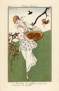 Žena ve slaměném klobouku a šatech z tištěného taftu. od Georges Barbier