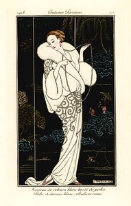 Žena v sametové pláštěnce, damaškových šatech a růžových pantoflích. od Georges Barbier