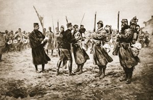 Pocta statečným v palebné linii: Francouzský generál udělující vyznamenání mužům vyznamenaným vojenskou medailí z „The Illustrated War News“ od Georges Bertin Scott