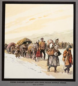 Exodus hladových lidí z vlasti, z Histoire des Soviets, pub. 1922 (barevná litografie)