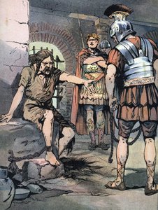 Galská válka: „“ Galský válečník Vercingetorix zajatec v římských zbraních Julese Cesara ve věznicích Tullianum, 46 př. n. l.“ (galské války: Vercingetorix vězeň v Mamertinské věznici v Římě po jeho porážce proti Juliu Caesarovi, 46 př. n. l.) Ilustrace od Georges Conrad